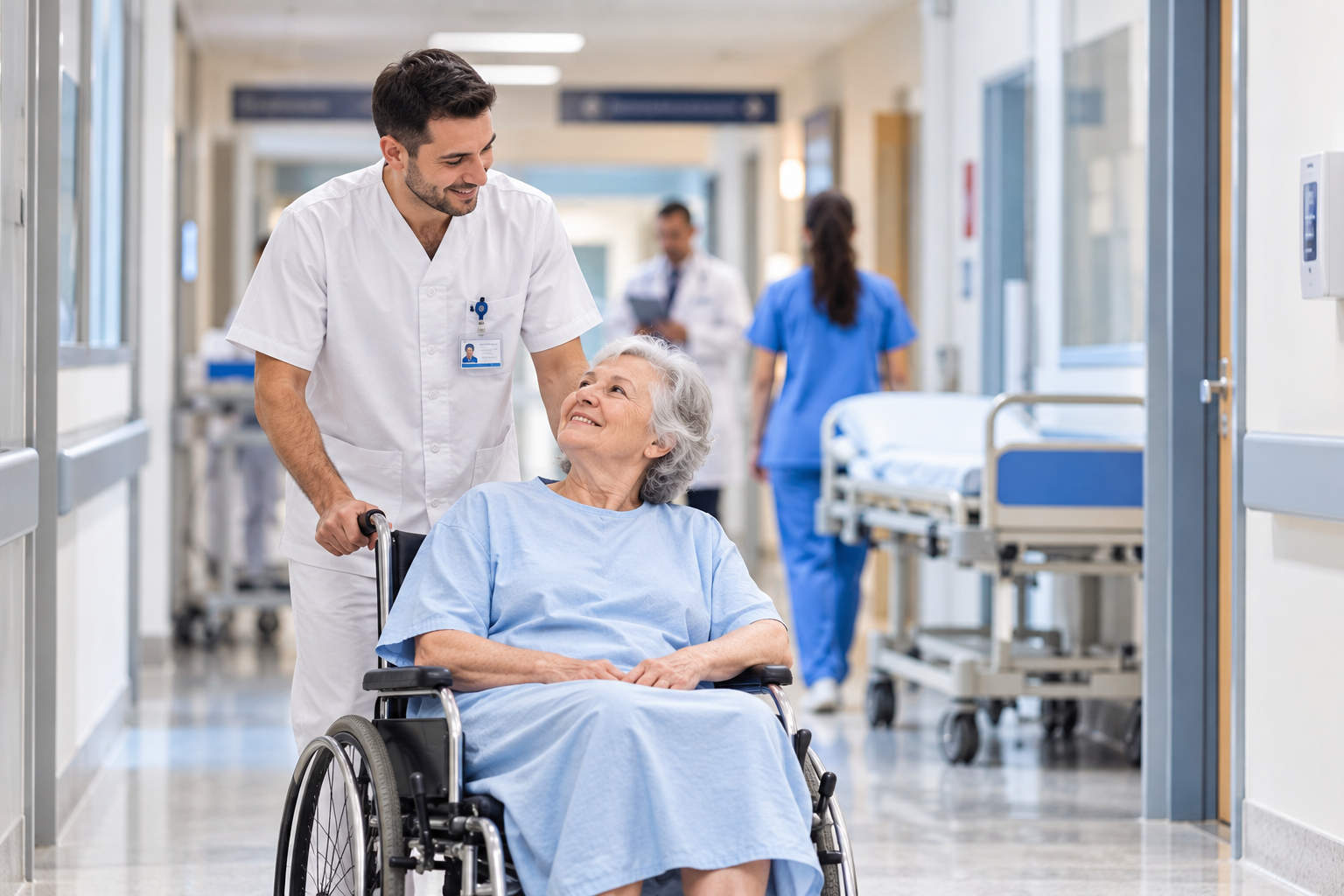 Celador acompañando a una paciente en silla de ruedas en un hospital