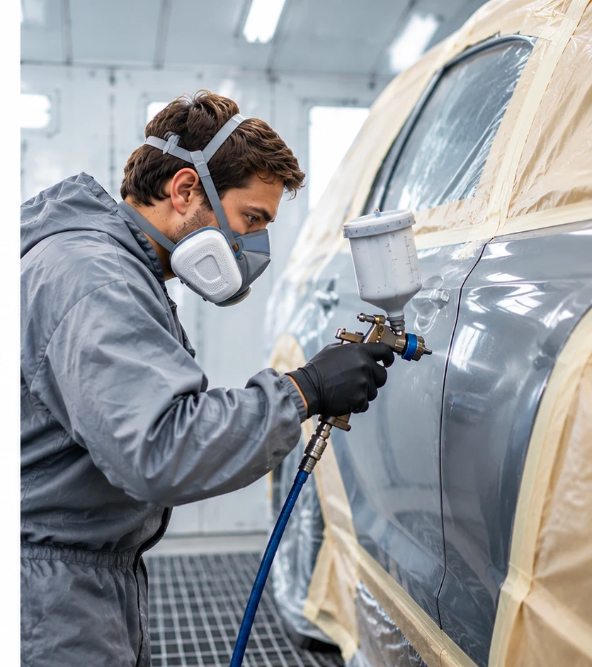 Profesional aplicando pintura a la carrocería de un automóvil