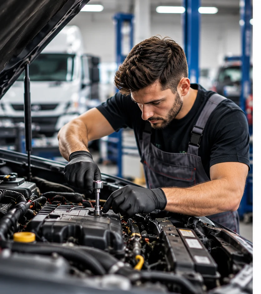 Mecánico trabajando en el motor de un automóvil en un taller